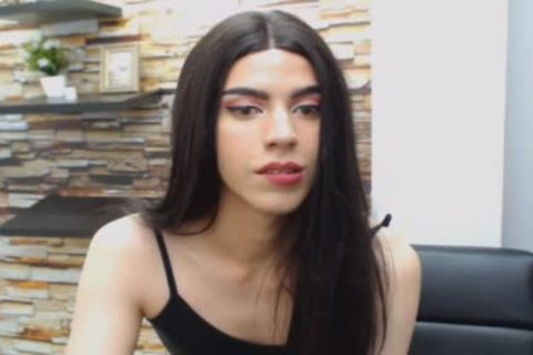 Seductive brunette hair lady-man Hard upright dong