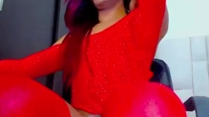 Purple-haired slim latina ladyboy In Red nylons Strokes Her thick cock On webcam