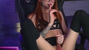 Redhead Skinny Russian Tattooed tranny In Glasses Strokes Her Girly penis On cam