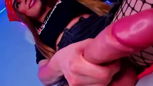 naughty t-girl In Fishnets Wanks Her Hard cock